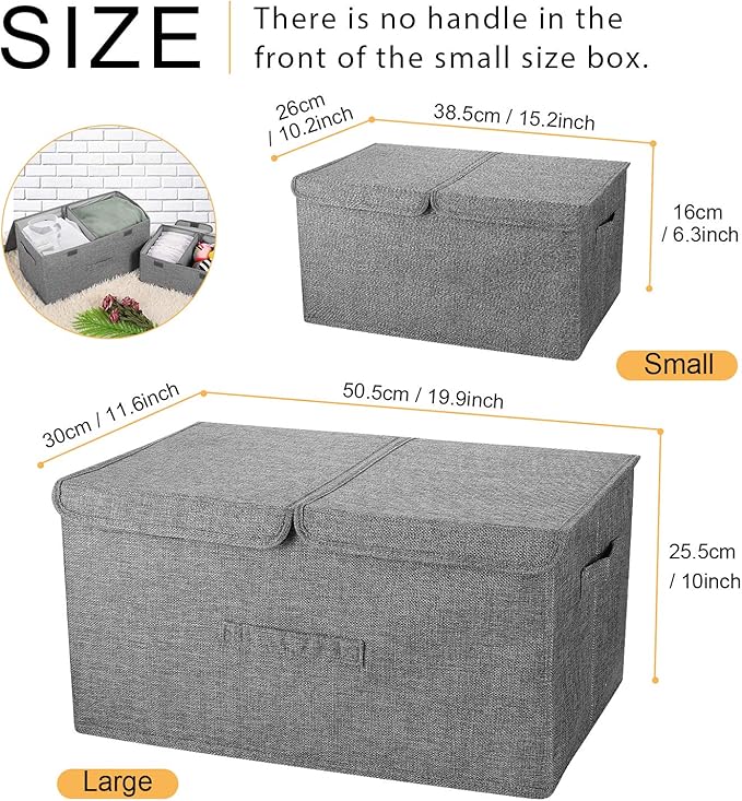 2 Pack Storage Boxes with Lids and Handles, Collapsible Linen Storage Bins Organizer Containers Baskets Cube with Removable Divider for Home Bedroom Closet Office (Khaki, Small)-BubblyBeeBaby