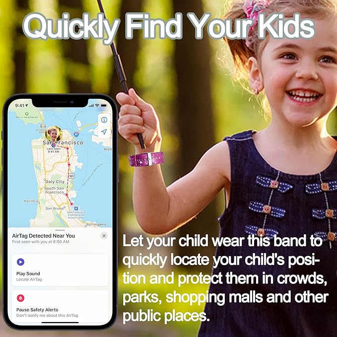 2 Pack Waterproof AirTag Bracelet for Kids, Hidden Printed Wristband for Apple Air Tag, Silicone AirTag Holder GPS Tracker Case for Band for Child Toddler, Secure Anti-Lost Protection(Pink,Purple)-BubblyBeeBaby