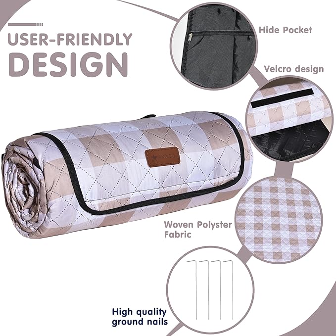 HX&OD Outdoor Picnic Blanket, Extra Large, 80''x80'' Waterproof Foldable Blankets Gingham Picnic Mat for Beach, Camping Grass Lawn Park Accessories Cute Couple Ideas Wedding (Light Brown, 80”x80”)-BubblyBeeBaby
