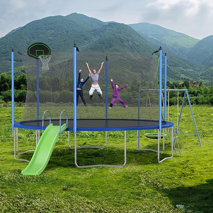12FT 14FT Trampoline with Slide and Swings, ASTM Approved Outdoor Trampoline with Basketball Hoop and Ladder, Capacity for 5-7 Kids and Adults-BubblyBeeBaby