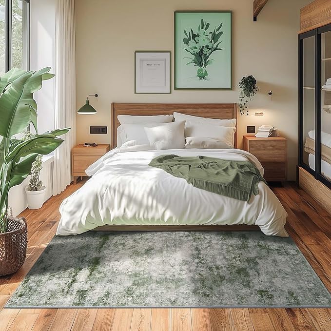 jinchan Washable Area Rug 6x9 for Living Room - Soft Faux Wool Ultra-Thin Stain Resistant Non-Slip Distressed Vintage Floral Rug Large Carpet for Bedroom,Dining Room,Home Office,Nursery(Green, 6'x9')-BubblyBeeBaby