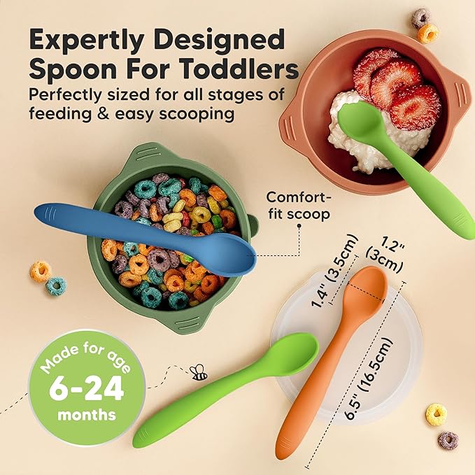 KeaBabies Silicone Baby Spoons, Self Feeding 6-12 months - 3-Pack Baby Weaning Eating Utensils, Toddler First Food Training Spoon, Infant, Kids Feeding Supplies Essential Set, Dishwasher-safe (Kea)-BubblyBeeBaby