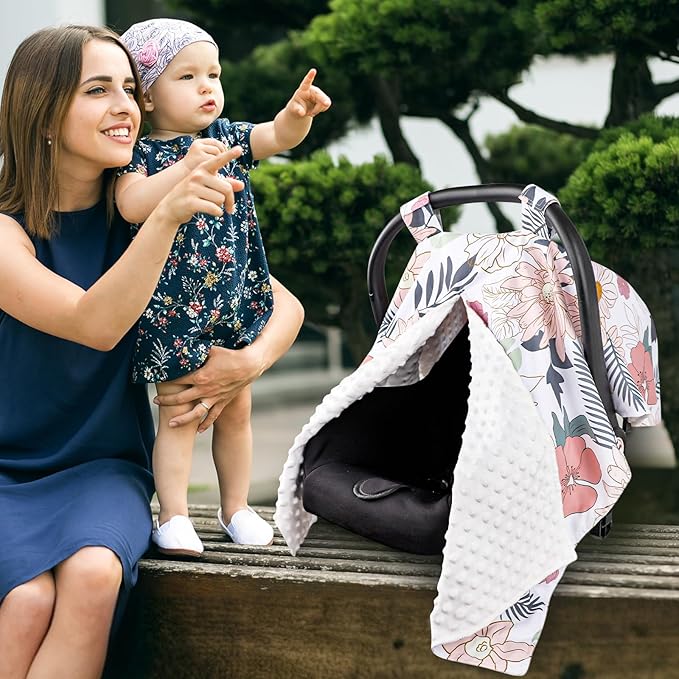 Car Seat Cover Baby, Infant Car Seat Canopy Covers for Newborn Girls Boys, Soft Breathable Minky Carseat Covers Stretchy Multi-Use Nursing Cover for Stroller Baby Car Seat, Daisy Flroal-BubblyBeeBaby