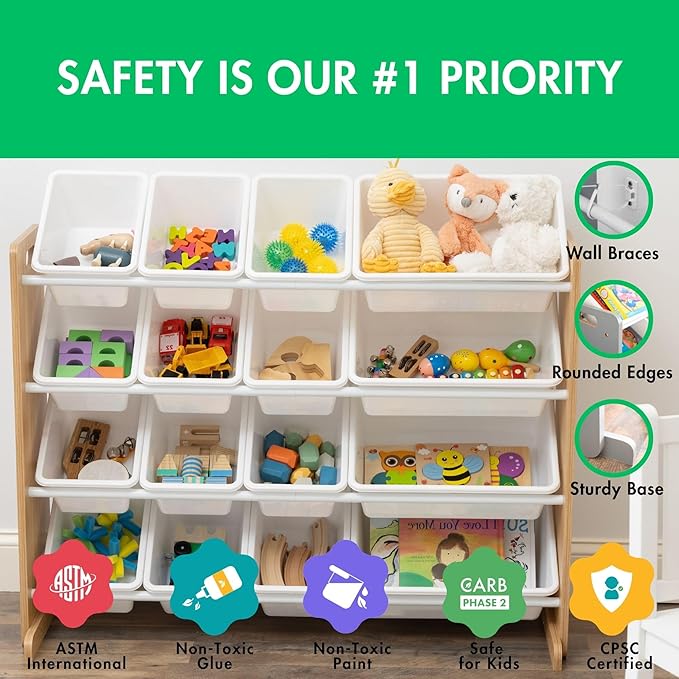 Humble Crew Supersized Toy Storage Organizer with 16 Removable Bins, Natural/White – Large Toy Storage for Toddlers Ideal for Kids' Rooms, Playrooms, and Nurseries - Modern Toy Bins for Kids-BubblyBeeBaby
