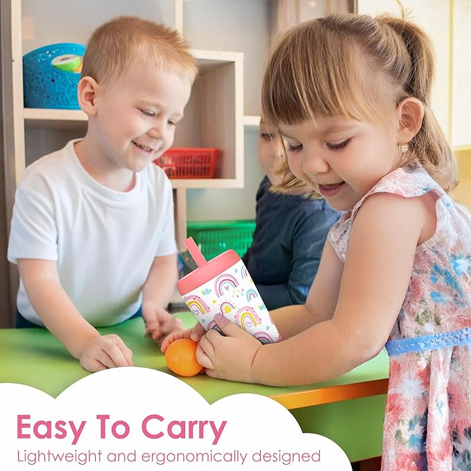 Kid Insulated Stainless Steel Tumbler with Silicone Straw, 12oz Sippy Cup for Kids (Sweet Rainbows)-BubblyBeeBaby