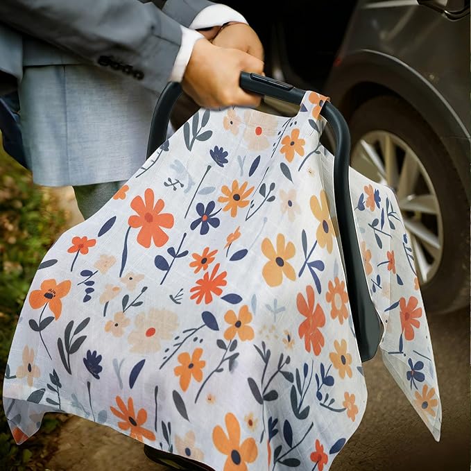 80S Muslin Car Seat Cover for Babies - Soft & Breathable Infant Carrier Canopy, Lightweight Sunshade for Summer, Universal Fit for Baby Boys & Girls-BubblyBeeBaby