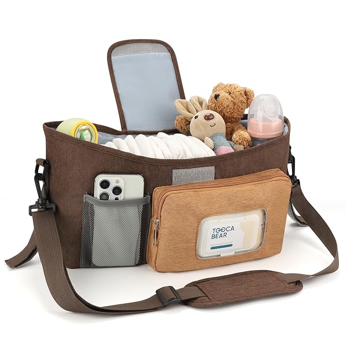 Accmor Universal Stroller Organizer with Insulated Cup Holder, Stroller Caddy Bag Accessories, Stroller Cup Holder Organizer for Uppababy Baby Jogger Britax Stroller, Brown-BubblyBeeBaby
