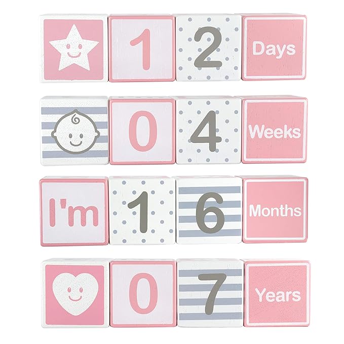 I'm Solid Wood Monthly Weekly Yearly Milestone Age Blocks, Newborn Gifts & Keepsakes for Picture Props (4 Pcs/Pink)-BubblyBeeBaby