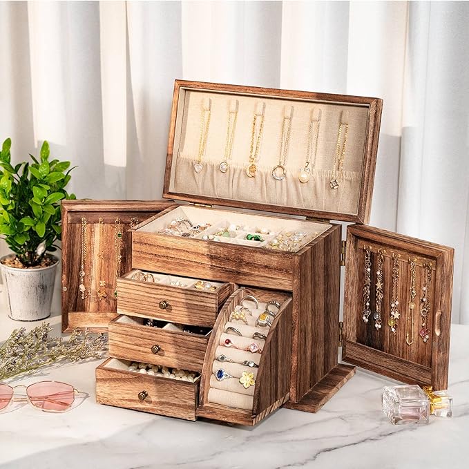 Jewelry Box Organizer, Solid Wood Jewelry Boxes for Women for Storage & Display Necklace Ring Earring Bracelet, Rustic Style Jewelry Organizer Box for Women Gifts (Carbonized Brown)-BubblyBeeBaby