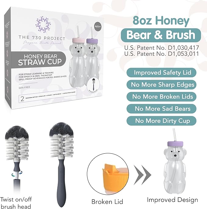 Honey Bear Straw Cup for Babies, 8oz Honey BearCup with Bottle Brush, 2-Pack Improved Lid Therapy Learning Honeybear Straw Cup for Baby, Blizzard & Creamsicle-BubblyBeeBaby