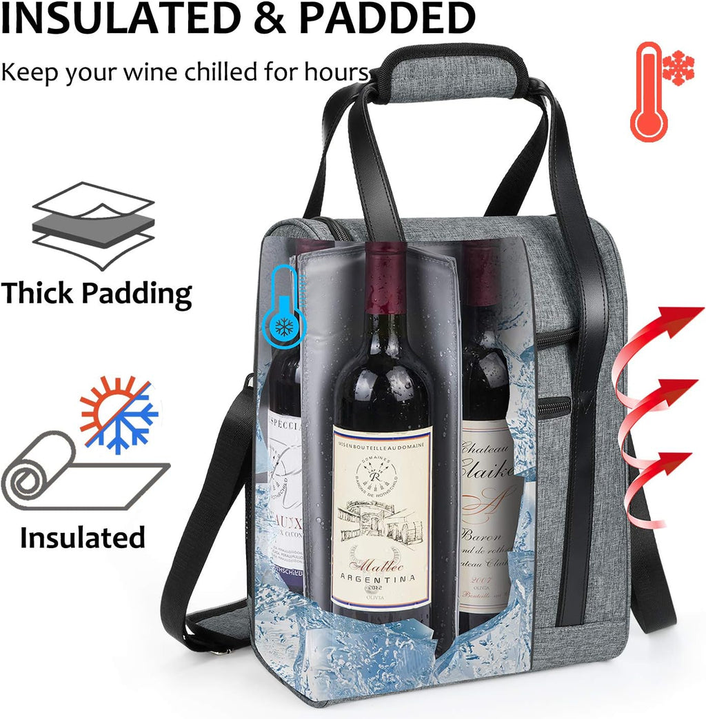 Tirrinia 6 Bottle Wine Cooler Bag - Insulated & Padded Versatile Wine Gift Carrier Tote Bag for Travel, BYOB Restaurant, Wine Tasting, Party, Best Gift for Wine Lover, Grey