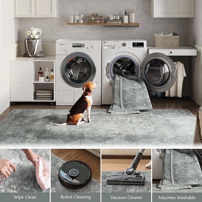 jinchan Vintage Floral 4x6 Area Rugs - Machine Washable Distressed Design Soft Ultra-Thin Low-Pile Non-Slip Carpet for Entryway Kitchen Bedroom Nursery Living Room Dining Room (4x6ft,Grey)-BubblyBeeBaby