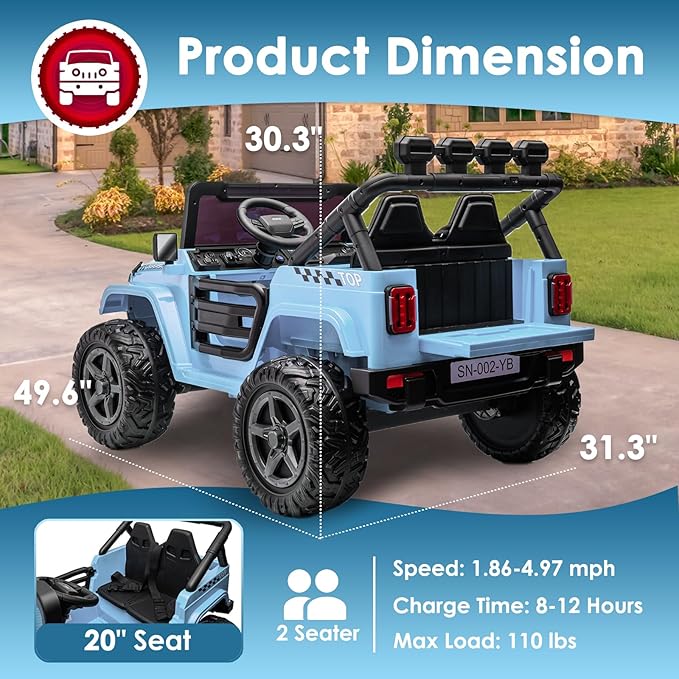 24V 2 Seater Ride On Truck with Remote Control 4WD Electric Car for Kids Ride On Car Battery Powered Ride On Toy Car with Music Player, LED Lights, Bluetooth, Rear Shock Absorber, Gray Blue-BubblyBeeBaby