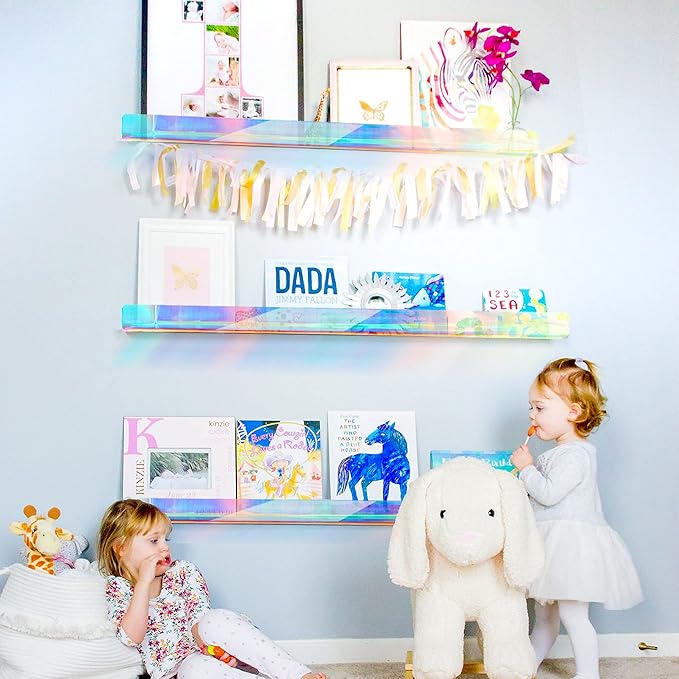 24 inches Iridescent Acrylic Bookshelf, Wall Mounted Display for Kids Room, Nursery, Toddler, Classroom (2 Packs)-BubblyBeeBaby