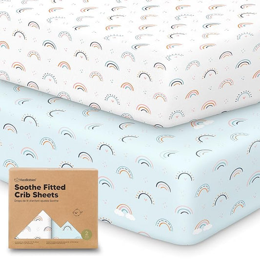 KeaBabies 2-Pack Organic Crib Sheets for Boys, Girls - 52x28 Fitted Crib Mattress Sheet Neutral, Breathable Jersey Cotton Cover for Baby Bed, Toddler Mattress, Soft & Cute Prints (Jolly Rainbow)-BubblyBeeBaby
