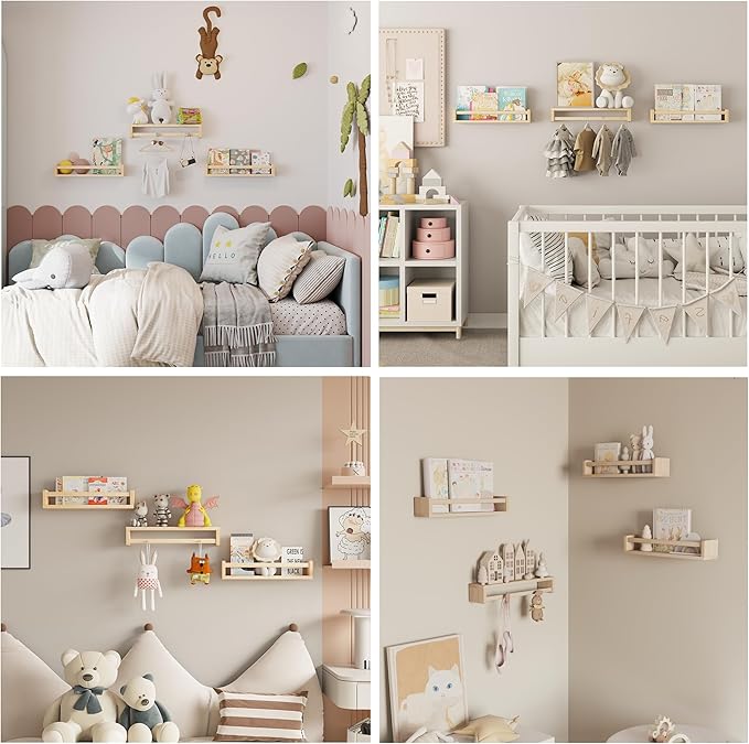 Heimlove Nursery Floating Shelves, Wood Nursery Book Shelves for Wall, 16 inch Wall Bookshelf for Kids Solid Wood Wall Mounted Shelves for Books,Toys and Decor Storage, Set of 3-BubblyBeeBaby