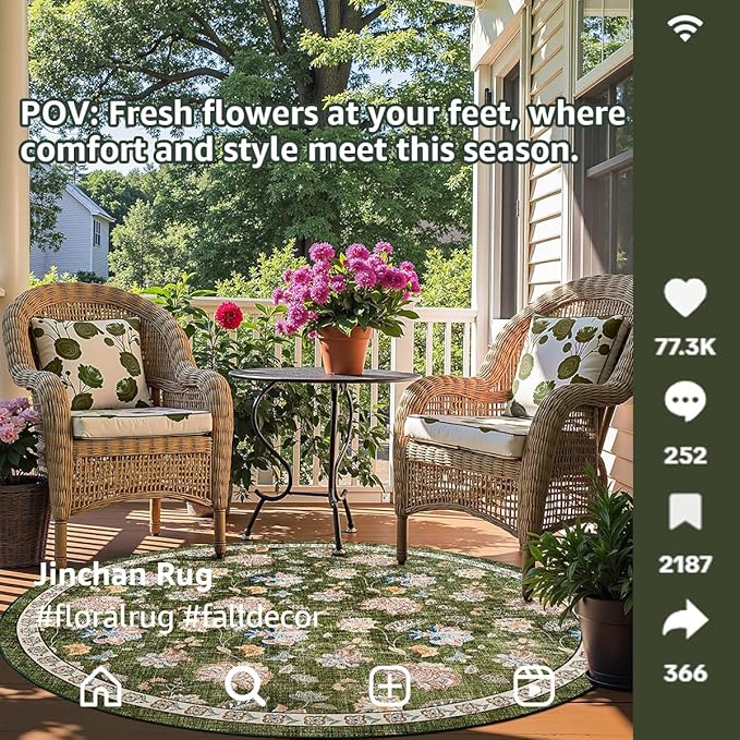 jinchan 5ft Floral Round Rug for Entryway Washable Kitchen Rug Vintage Romance Design Non Slip Indoor Doormat Lightweight Low-Profile Throw Carpet for Living Room Dining Room Bedroom, Green-BubblyBeeBaby