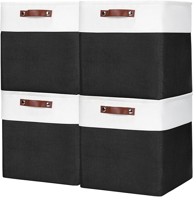 13x13 Cube Storage Bins, Collapsible Fabric Storage Box, 4 Pack Closet Baskets with Handles for Organizing, Shelf, Toys, Clothes, Home, Office, Nursery (Black&White)-BubblyBeeBaby