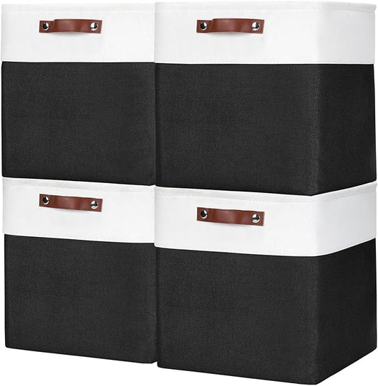 13x13 Cube Storage Bins, Collapsible Fabric Storage Box, 4 Pack Closet Baskets with Handles for Organizing, Shelf, Toys, Clothes, Home, Office, Nursery (Black&White)-BubblyBeeBaby