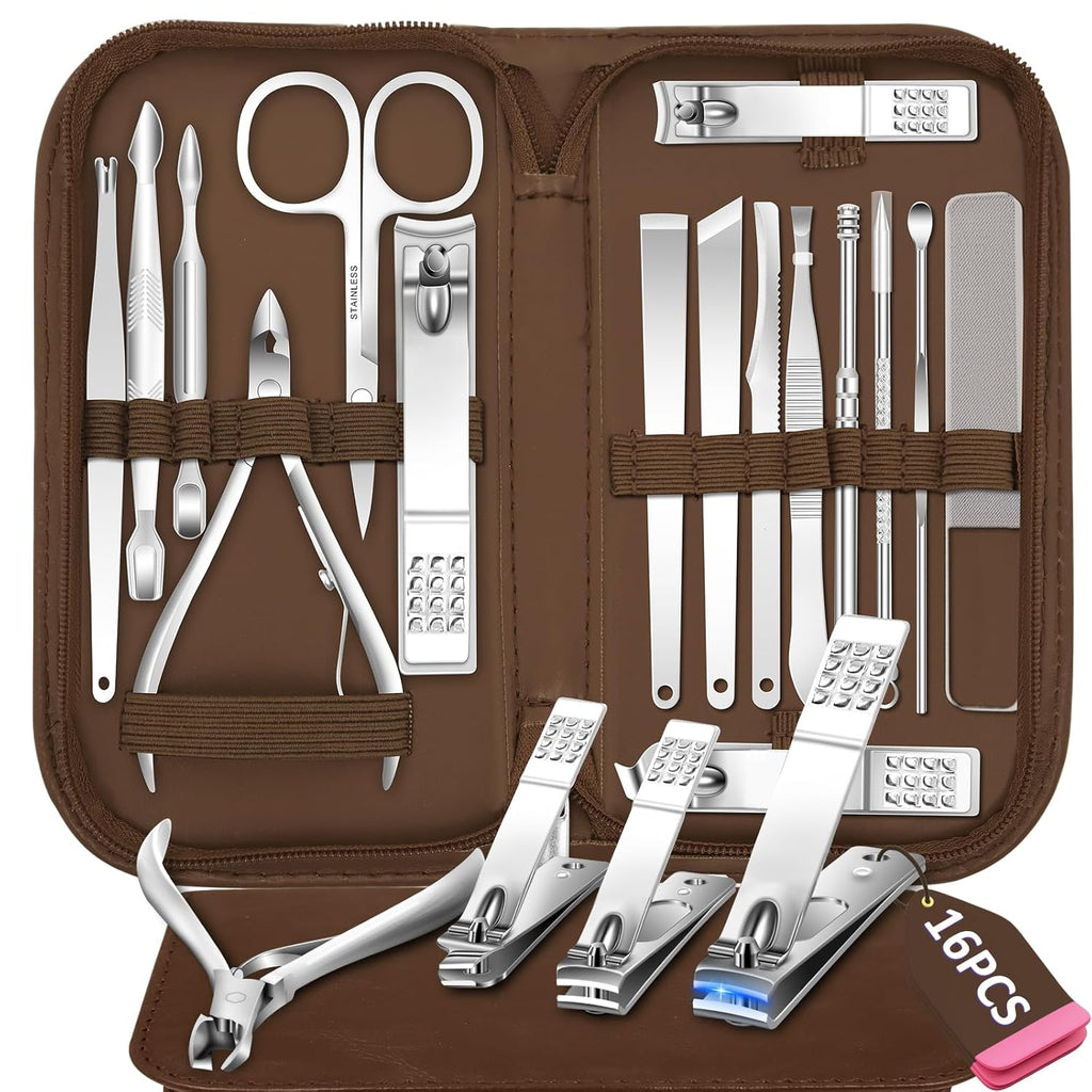 Manicure Set 16 In 1 Professional Stainless Steel Pedicure Kit Toenail Clippers Set Mens Grooming Kit Fingernail Kit for Women with Luxurious Travel Bag, Suitable for Home, Travel, and Salon (Brown)