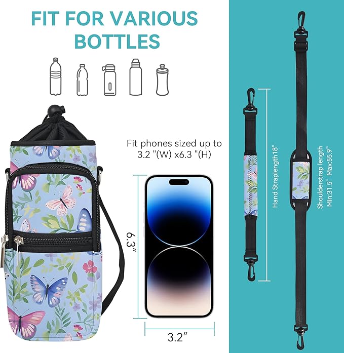 25/32/40/64oz Water Bottle Bag Holder Carrier-Insulated Crossbody Sling Case Sleeve with Strap & Pockets for Men Women Gym Cycling Travel Walking Hiking Camping-BubblyBeeBaby