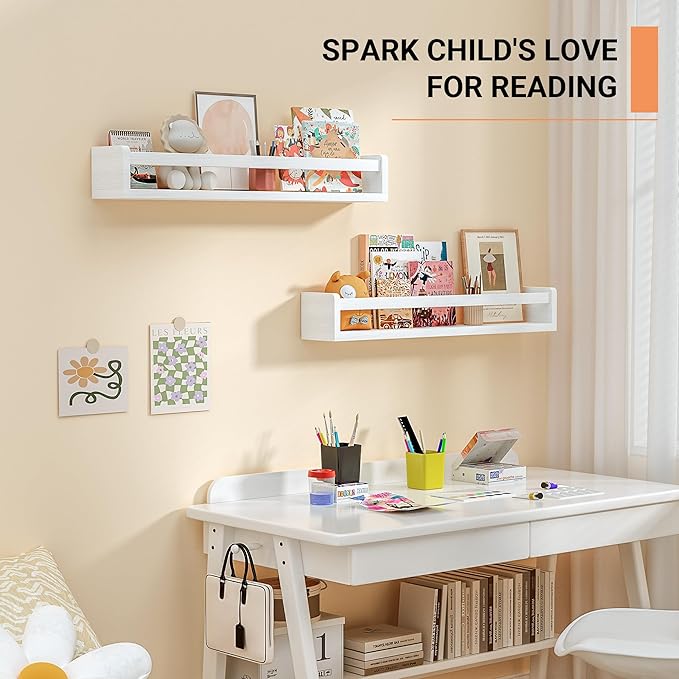 Heimlove Nursery Floating Shelves, White Nursery Book Shelves for Wall, 24 inch Wall Bookshelf for Kids Solid Wood Wall Mounted Shelves for Books,Toys and Decor Storage, Set of 3-BubblyBeeBaby