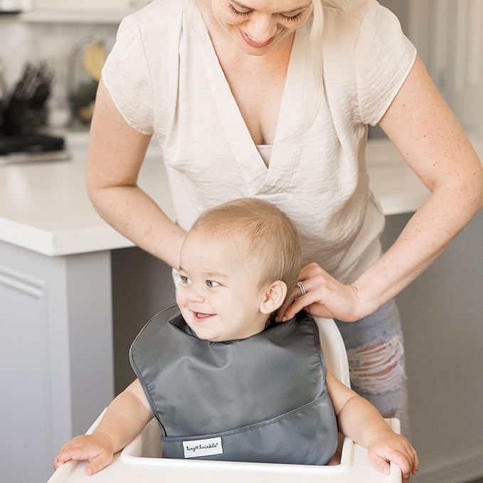 Tiny Twinkle Mess Proof Baby Bibs for Eating - Waterproof, Wipeable Bibs - Toddler Bibs - Travel Friendly - PFAS, PVC, BPA, Phthalate Free - Baby Food Bibs(3 Pack,Olive. Slate)-BubblyBeeBaby