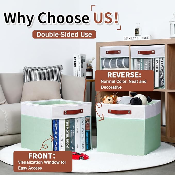 HNZIGE 13x15x13 Cube Storage Bins, 4 Pack Fabric Clear Organizer With Window, Large Collapsible Shelf Bins for Closet, Toy, Clothes - White Green-BubblyBeeBaby