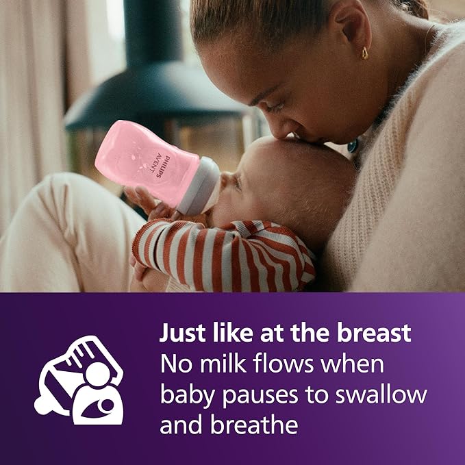 Philips Avent Natural Baby Bottles with Natural Response Nipples (Medium Flow, Flow 3), 9oz, Pink, 4-Pack, SCY903/14-BubblyBeeBaby