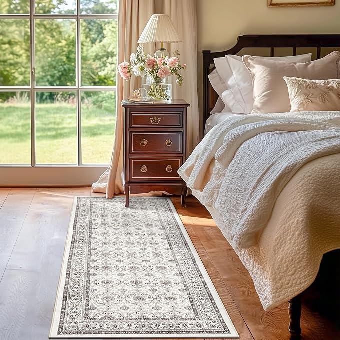 jinchan Floral Runner Rug 2x5 - Machine Washable Beige Vintage Distressed Design Soft Non-Slip Low-Pile Ultra-Thin Runner Rug for Kitchen Hallway Laundry Room Entryway Farmhouse (2‘x5',Beige)-BubblyBeeBaby