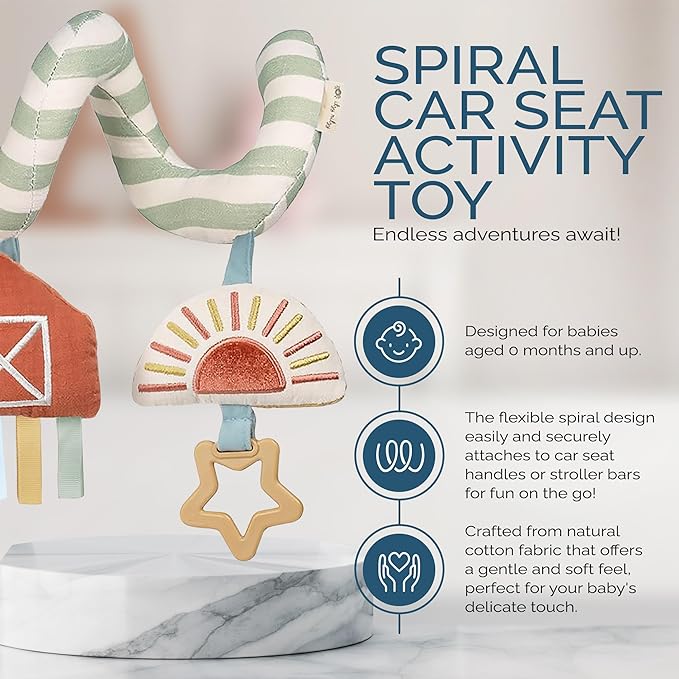 Itzy Ritzy Spiral Car Seat & Stroller Activity Toy - Stroller & Car Seat Toys for Ages 0 Months and Up - Hanging Toys Include Dangling Ring, Mirror and Textured Ribbons (Farm)-BubblyBeeBaby