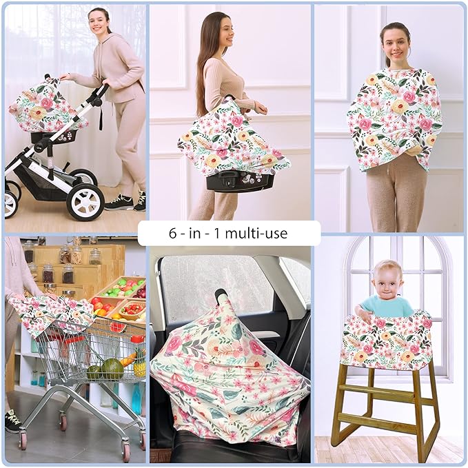 Nursing Carseat Canopy Breastfeeding Cover - Multi-use Stretchy Car Seat Covers for Babies, Baby Shower Gifts (Pink Floral)-BubblyBeeBaby