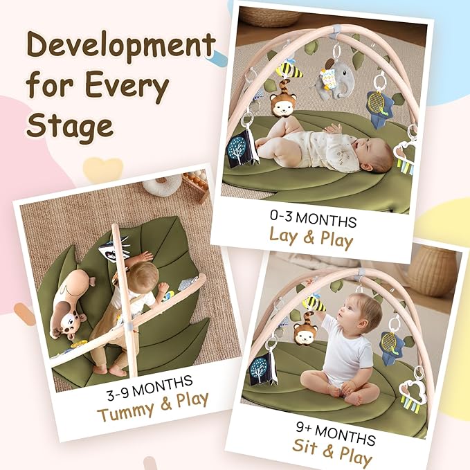 Infant Activity Center for Newborn to Develop Motor Cognition Leaves Leaf-Shaped Baby Play Gym & Activity Mat Extra Large Tummy Time Mat with 8 Detachable Toys-BubblyBeeBaby
