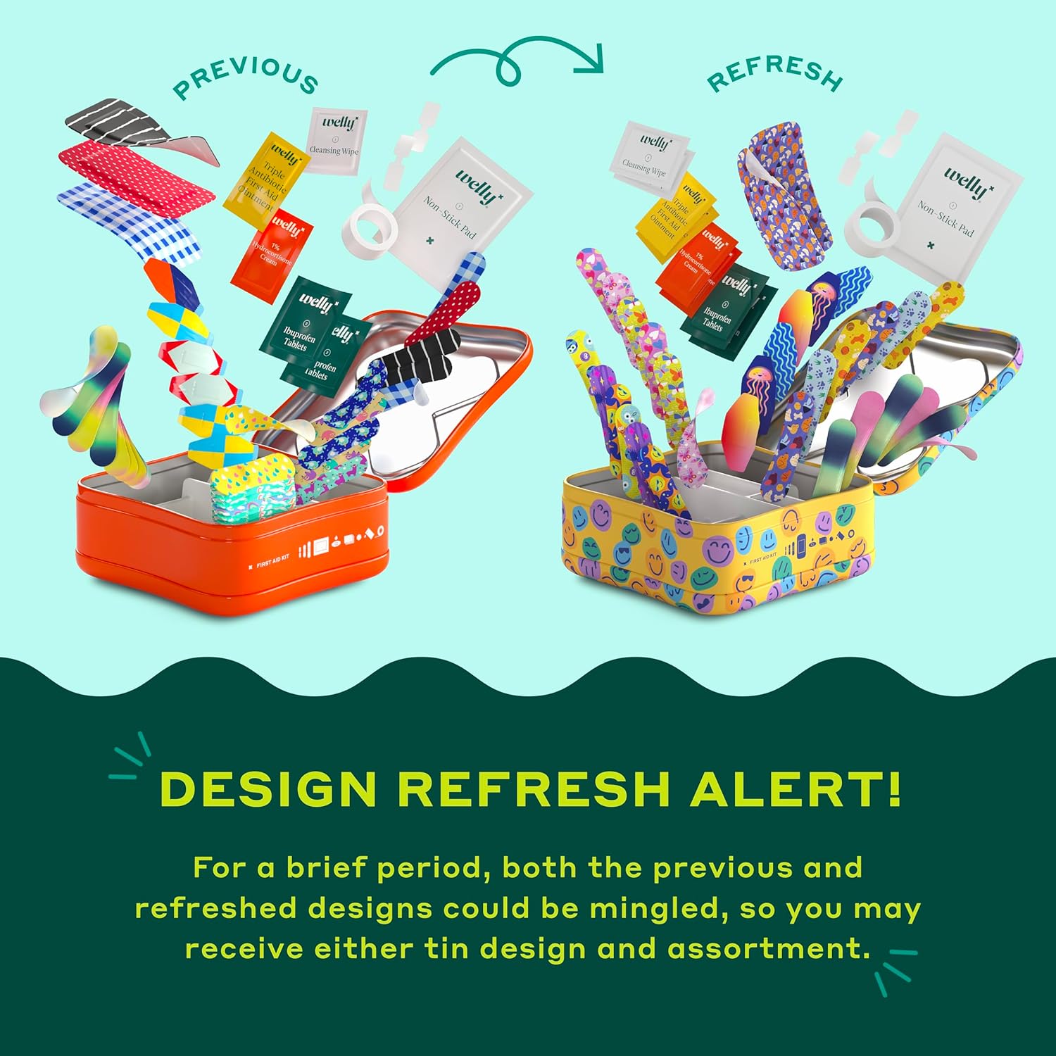 Welly First Aid Kit - Adhesive Flexible Fabric and Waterproof Bandages, Tape and Non-Stick Pads, Butterfly Strips, Single Use Ointments Triple Antibiotic and Hydrocortisone, and Ibuprofen - 130 Count