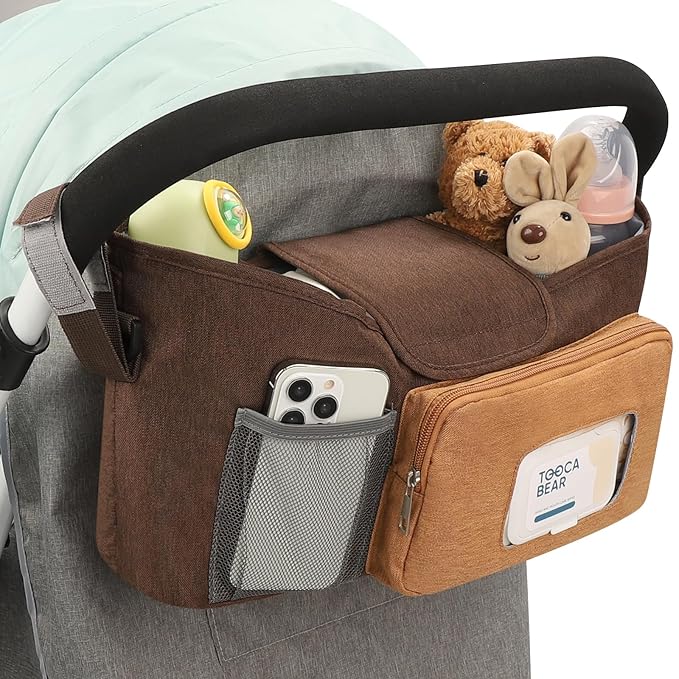 Accmor Universal Stroller Organizer with Insulated Cup Holder, Stroller Caddy Bag Accessories, Stroller Cup Holder Organizer for Uppababy Baby Jogger Britax Stroller, Brown-BubblyBeeBaby