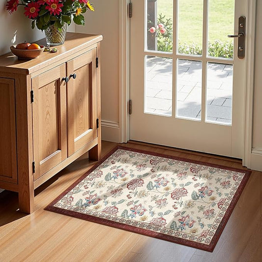 jinchan 2x3 Floral Rug for Entryway Washable Kitchen Rug Vintage Romance Design Small Mat Non Slip Indoor Doormat Lightweight Low-Profile Throw Carpet for Entrance Bathroom Laundry Room, Red/Beige-BubblyBeeBaby