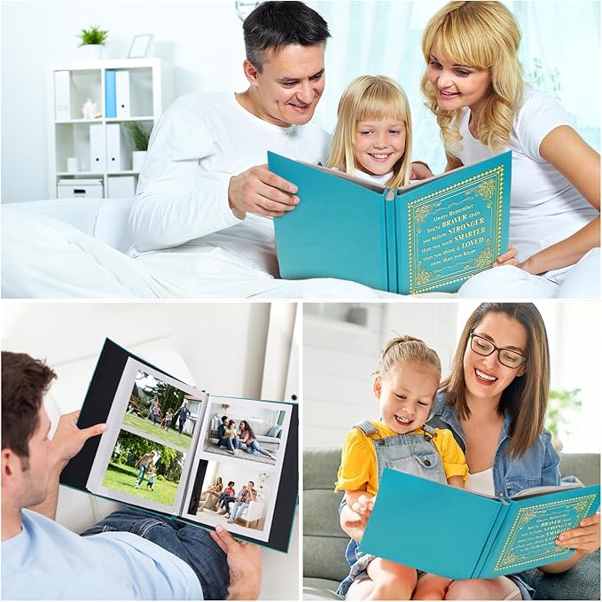 Inspirational Leather Photo Album,Magnetic Self-Stick Page Photo Album,Family Album,Hand Made DIY Albums Holds 3x5, 4x6, 5x7, 6x8 Photos (light blue-always remember)-BubblyBeeBaby