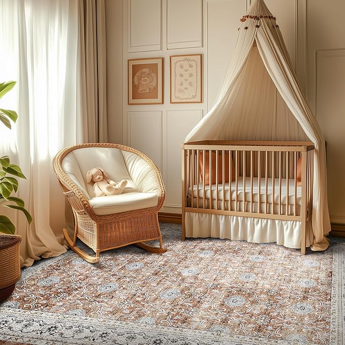 jinchan Floral 5x7 Area Rugs for Bedroom - Machine Washable Vintage Distressed Boho Design Throw Rug Stain Resistant Carpet Low-Pile Thin Non-Slip for Nursery Living Room Dining Room (5‘x7',Orange)-BubblyBeeBaby