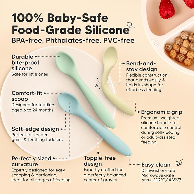 KeaBabies Silicone Baby Spoons, Self Feeding 6-12 months - 3-Pack Baby Weaning Eating Utensils,Toddler First Food Training Spoon,Infant,Kids Feeding Supplies Essential Set,Dishwasher-safe (Pastel Sky)-BubblyBeeBaby