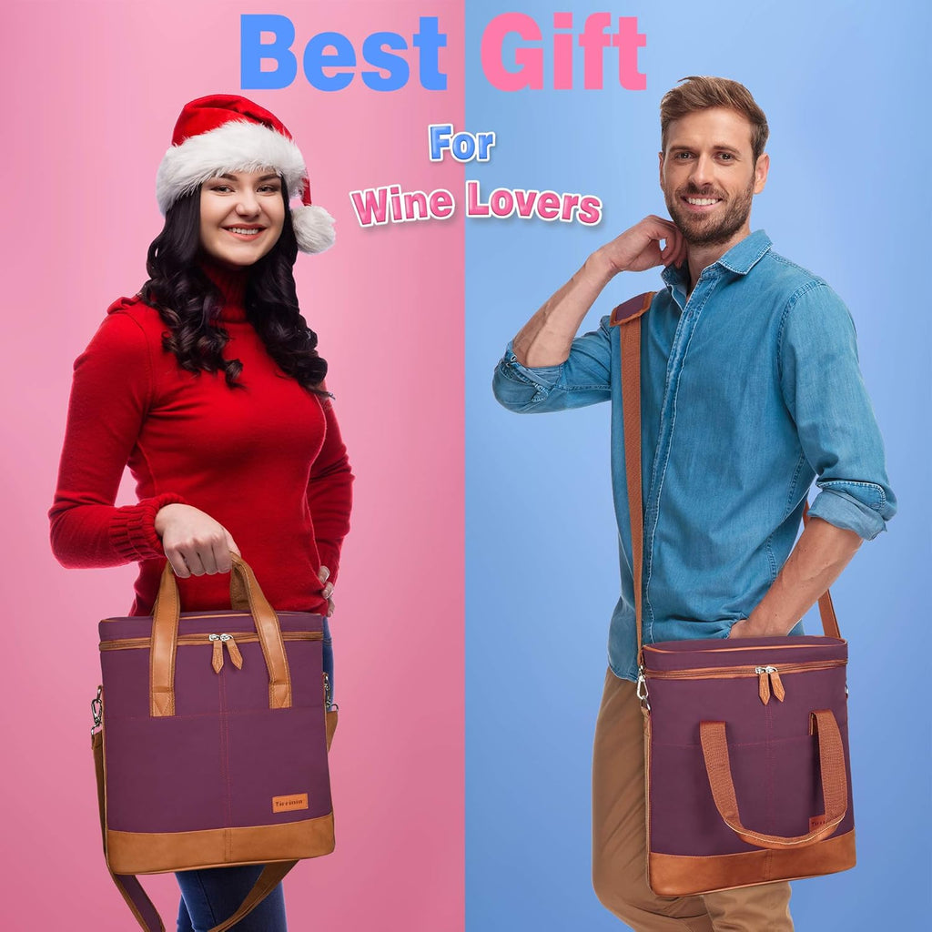Tirrinia Insulated Wine Gift carrier - 3 Bottle Travel Padded Wine Carry Cooler Tote Bag with Handle and Adjustable Shoulder Strap, Purple