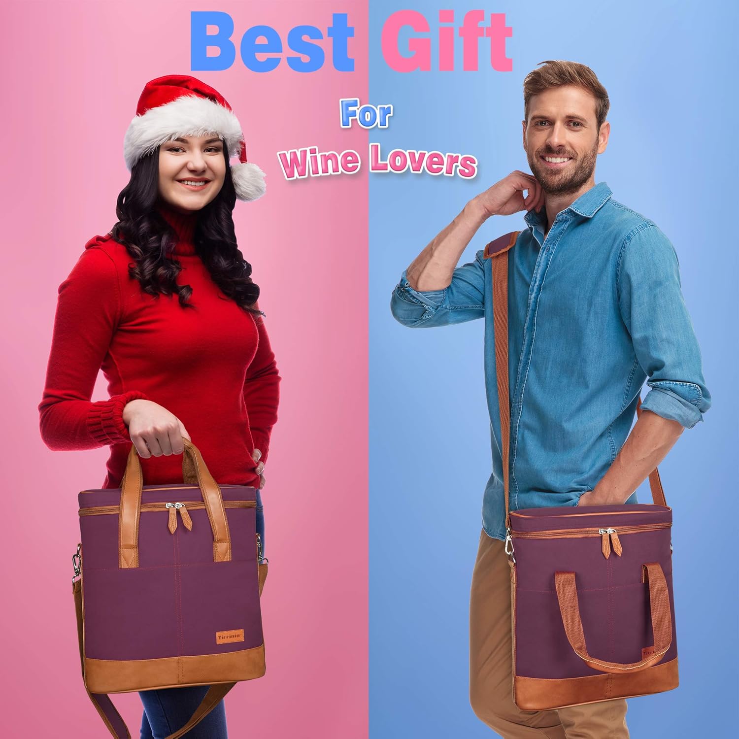 Tirrinia Insulated Wine Gift carrier - 3 Bottle Travel Padded Wine Carry Cooler Tote Bag with Handle and Adjustable Shoulder Strap, Purple