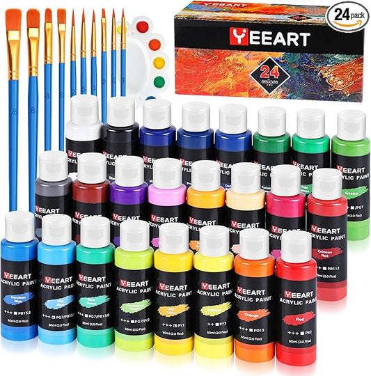 24 Colors Acrylic Paint Set, 2oz Bottles Classic Color, Rich Pigmented Canvas Paint Set, Premium Non-toxic Acrylic Paint for Artists, Kids & Adults, Art Supplies for Canvas Painting Rocks Wood Ceramic Model with 10 Brushes & Palette-BubblyBeeBaby