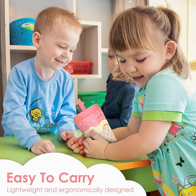 Kid Insulated Stainless Steel Tumbler with Silicone Straw, 12oz Sippy Cup for Kids (Sweet Ice Cream)-BubblyBeeBaby