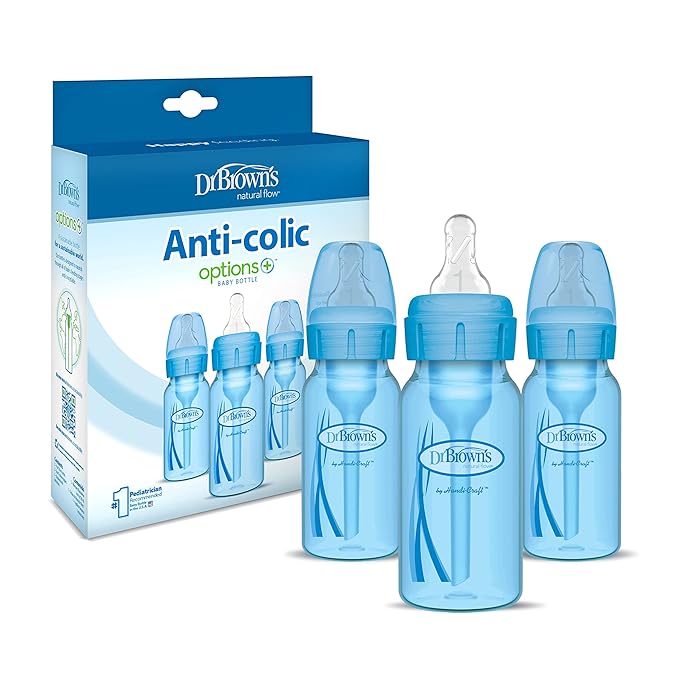Dr. Brown’s Natural Flow® Anti-Colic Options+™ Narrow Baby Bottles 4 oz/120 mL, with Level 1 Slow Flow Nipple, 3 Pack, 0m+ Blue-BubblyBeeBaby
