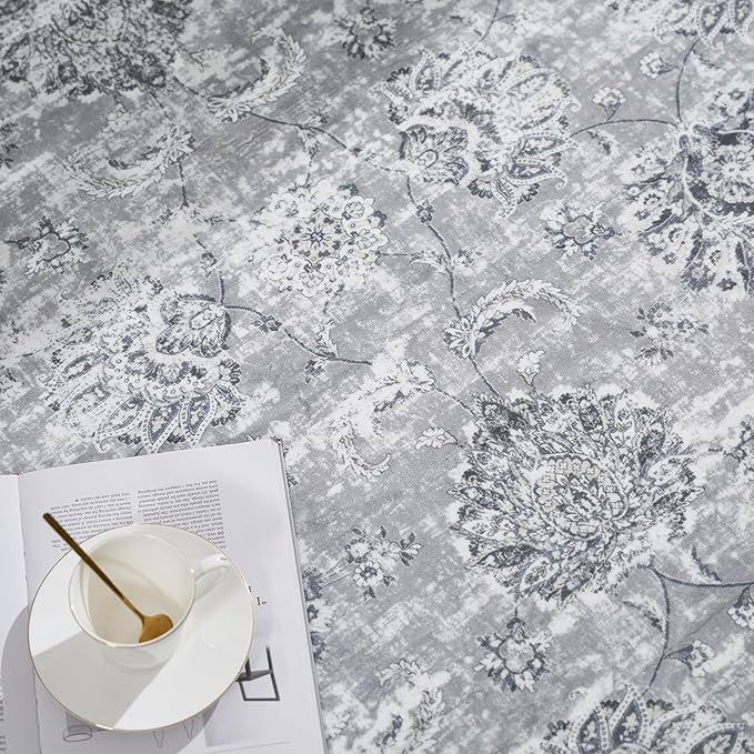 jinchan Round Rug 6ft Area Rug - Grey Vintage Floor Mat Kitchen Indoor Ultra-Thin Soft Floral Print - Washable Circle 6' Retro Accent for Farmhouse Non Slip Dining Room Living Room Bedroom Office-BubblyBeeBaby