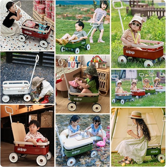 kidpop PULA-Wild 3-in-1 Kids' Pull-Along Wagon Toddlers Push Walker for 2.5-8, Removable Wooden Cover and Adjustable Handlebar, Birthday Gifts Max Weight 33 lbs (Red)-BubblyBeeBaby