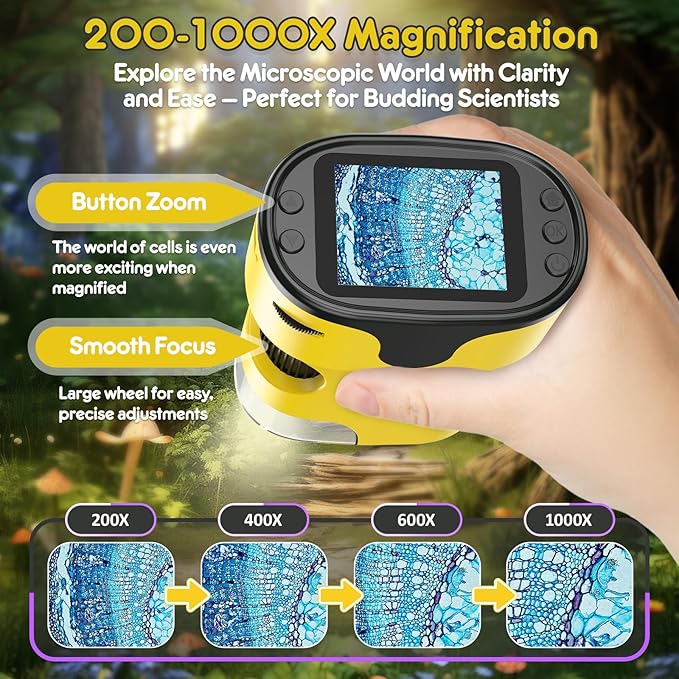 1000X Handheld Microscope for Kids 4K 2.0" Screen Rechargeable Mini Pocket Digital Microscopes w/Slides Kit Portable Edu Gift Age 4-6 8-12 Children Students (Yellow)-BubblyBeeBaby