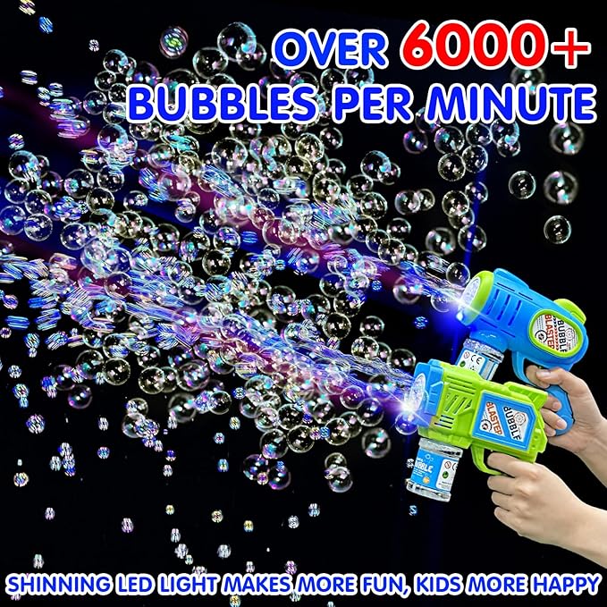 2 Pack Bubble Gun Machine for Kids, Automatic Light Up Bubble Blower with 4 Bottles 10 Bags Refill Solution Bubble Guns Blaster for Toddlers, Outdoor Toys Gifts Wedding Easter Party Favor-BubblyBeeBaby