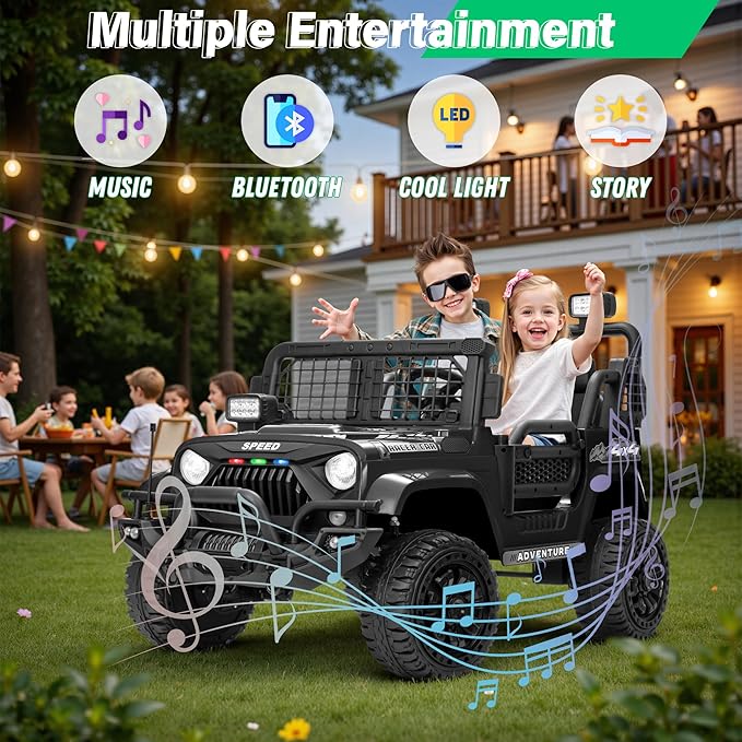2 Seater Ride On Car Truck with Remote Control XL, Kids 24V Battery Powered Electric Vihicle w/21 in Seat, 3 Speeds, 2WD/4WD Switichable, Shock Absorbers,Bluetooth, Flower, Gift Choice-BubblyBeeBaby