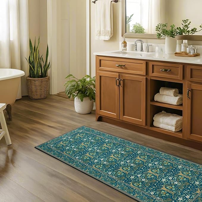 Joydeco Washable 2x6 Rug Runners for Hallways Non Slip, Boho Floral Bathroom Rug Runner, Soft Botanical Forest Indoor Floor Throw Carpet for Kitchen Laundry Room Entryway, Dark Blue-BubblyBeeBaby